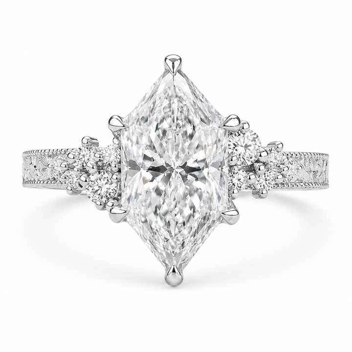 3.00 CT Vintage Inspired Dutch Marquise Lab-Grown Diamond Engagement Ring in 14K White Gold â€“ Hand-Engraved Milgrain Floral Tulip Design from Diamond Studio