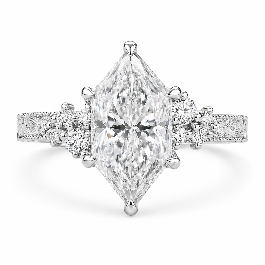 3.00 CT Vintage Inspired Dutch Marquise Lab-Grown Diamond Engagement Ring in 14K White Gold – Hand-Engraved Milgrain Floral Tulip Design