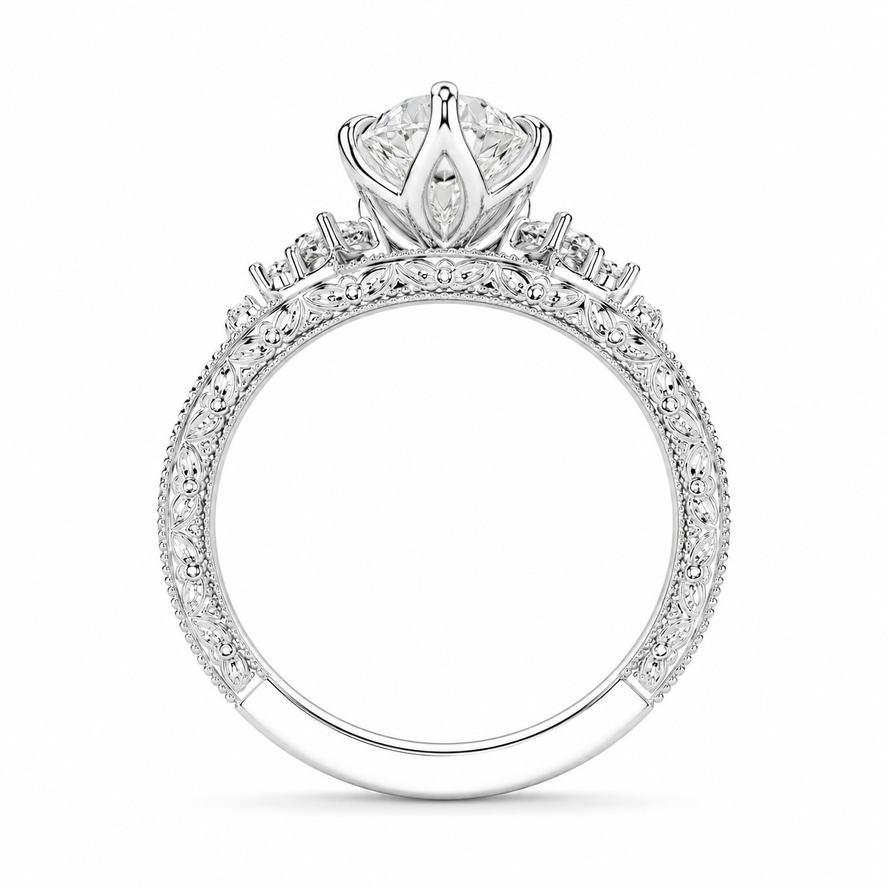 3.00 CT Vintage Inspired Dutch Marquise Lab-Grown Diamond Engagement Ring in 14K White Gold – Hand-Engraved Milgrain Floral Tulip Design