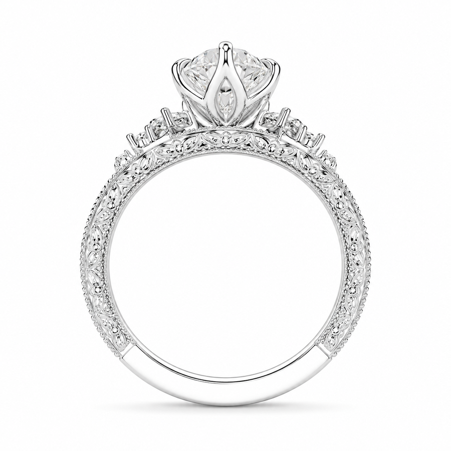 3.00 CT Vintage Inspired Dutch Marquise Lab-Grown Diamond Engagement Ring in 14K White Gold – Hand-Engraved Milgrain Floral Tulip Design