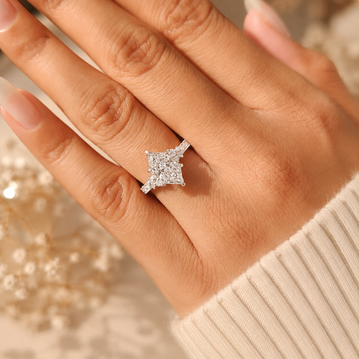 3.00 CT Vintage Inspired Dutch Marquise Lab-Grown Diamond Engagement Ring in 14K White Gold – Hand-Engraved Milgrain Floral Tulip Design