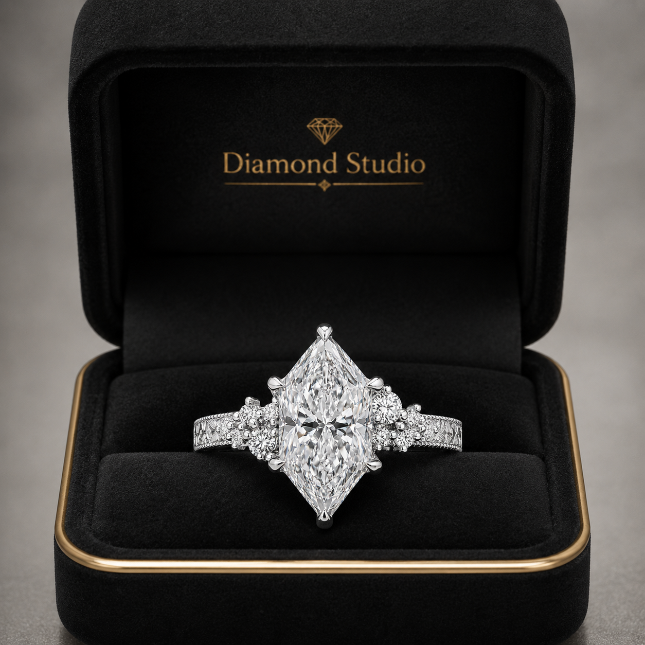 3.00 CT Vintage Inspired Dutch Marquise Lab-Grown Diamond Engagement Ring in 14K White Gold – Hand-Engraved Milgrain Floral Tulip Design