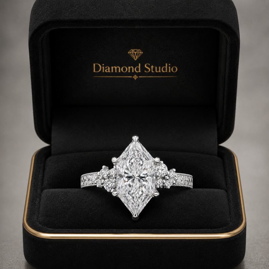 3.00 CT Vintage Inspired Dutch Marquise Lab-Grown Diamond Engagement Ring in 14K White Gold – Hand-Engraved Milgrain Floral Tulip Design