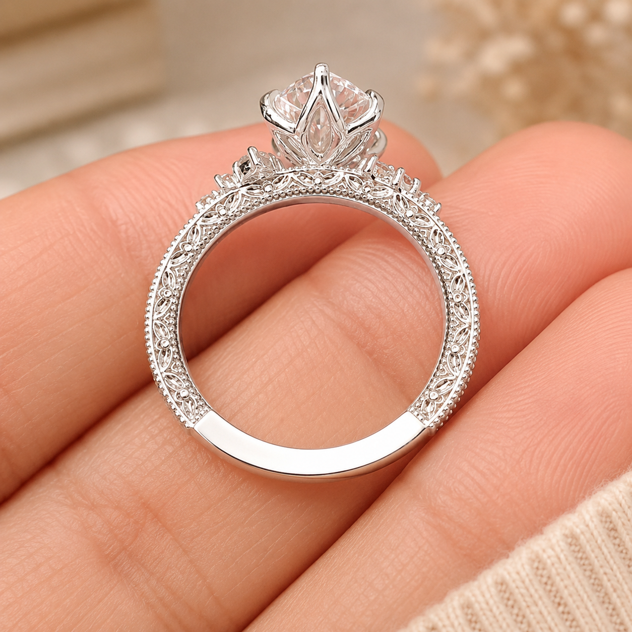 3.00 CT Vintage Inspired Dutch Marquise Lab-Grown Diamond Engagement Ring in 14K White Gold – Hand-Engraved Milgrain Floral Tulip Design