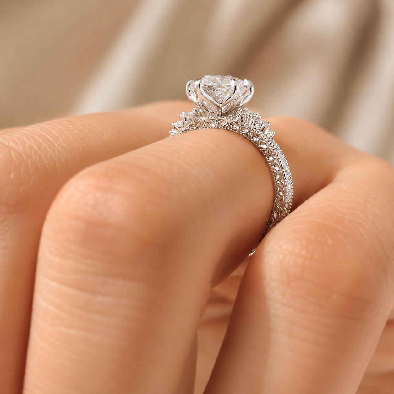3.00 CT Vintage Inspired Dutch Marquise Lab-Grown Diamond Engagement Ring in 14K White Gold – Hand-Engraved Milgrain Floral Tulip Design
