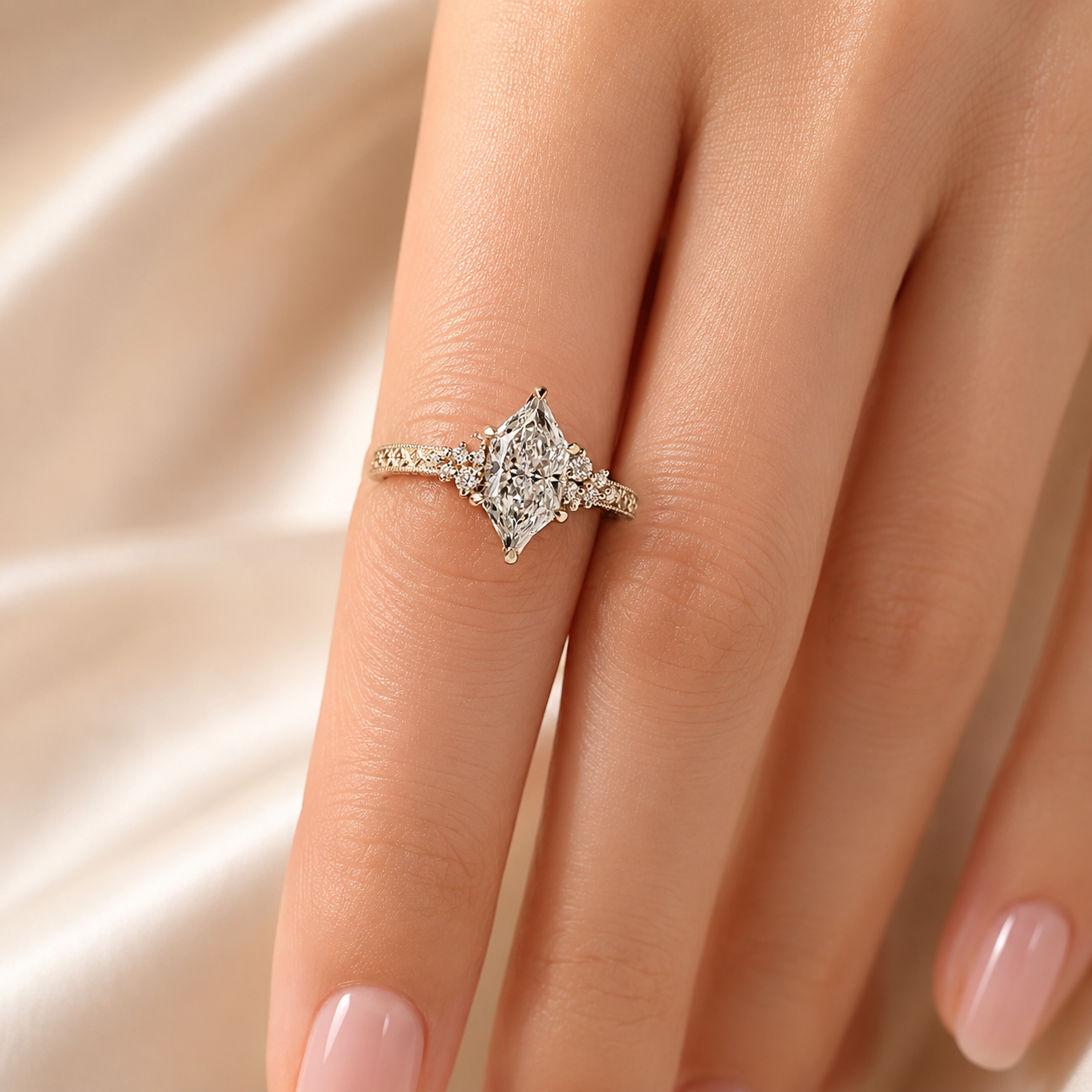 3.00 CT Vintage Inspired Dutch Marquise Lab-Grown Diamond Engagement Ring in 14K White Gold – Hand-Engraved Milgrain Floral Tulip Design