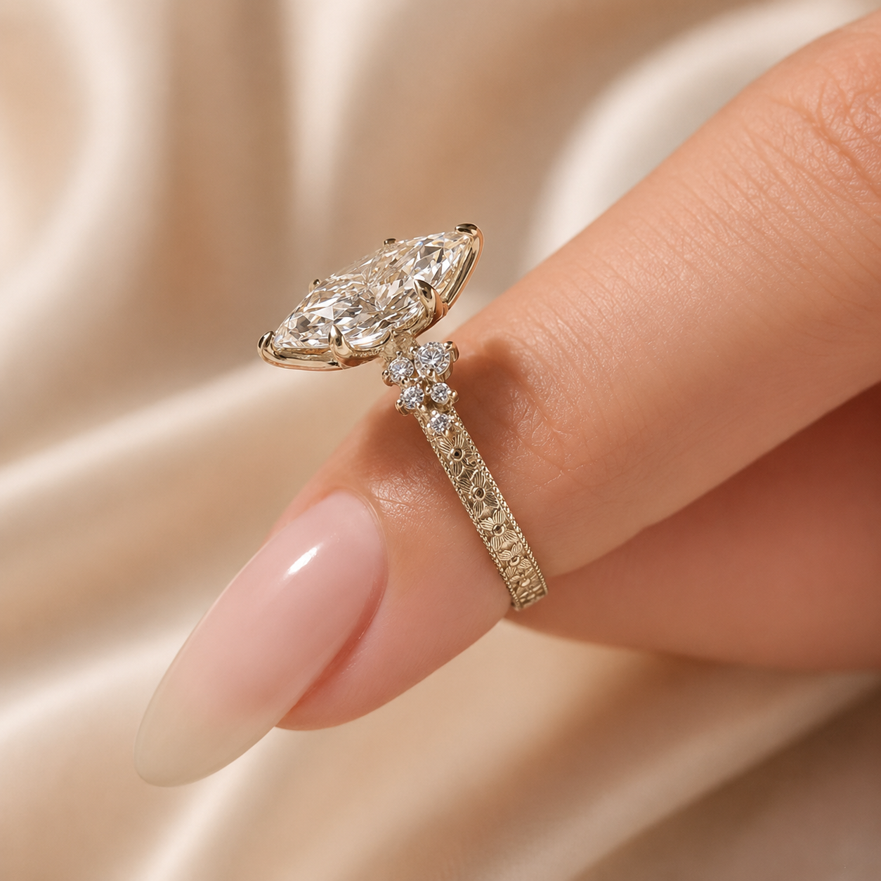 3.00 CT Vintage Inspired Dutch Marquise Lab-Grown Diamond Engagement Ring in 14K White Gold – Hand-Engraved Milgrain Floral Tulip Design