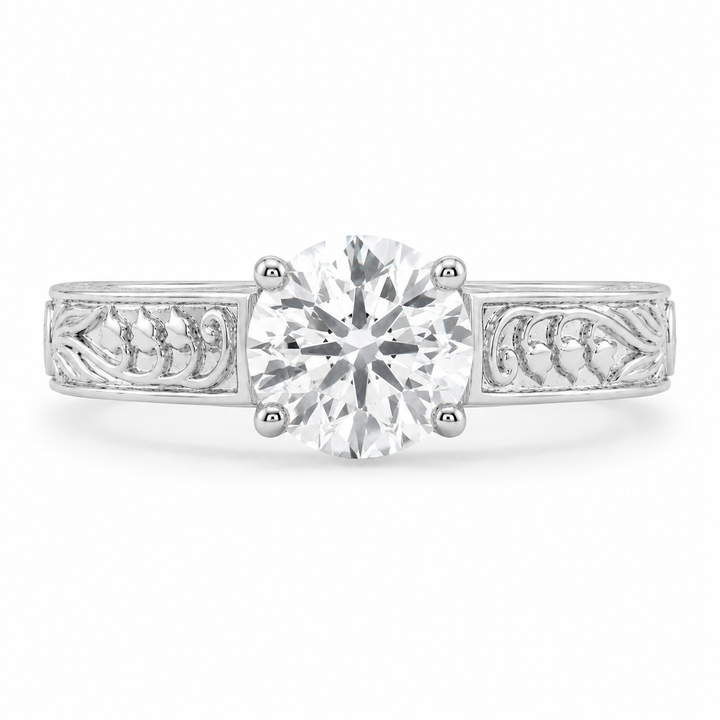 2.00 CT Vintage Round Solitaire Lab-Grown Diamond Engagement Ring in 14K White Gold â€“ Tulip Prong Hand-Engraved Filigree Design from Diamond Studio