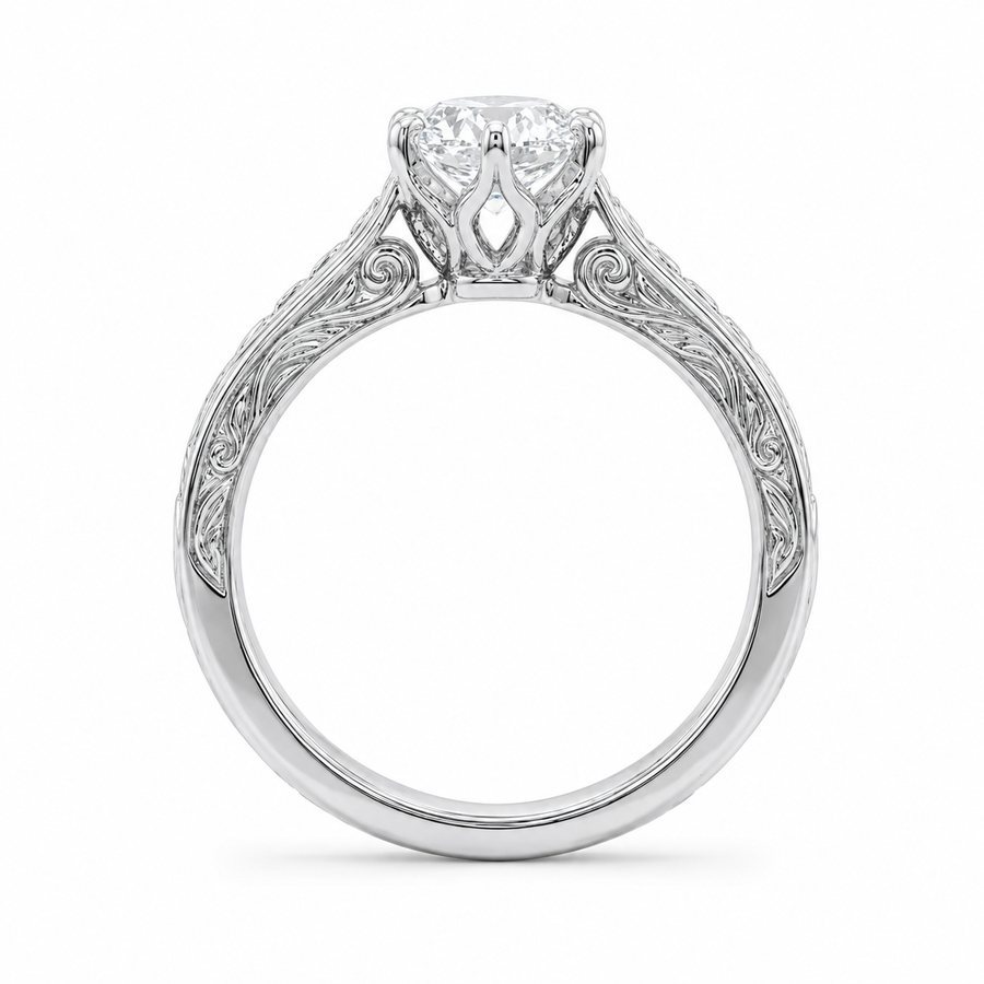 2.00 CT Vintage Round Solitaire Lab-Grown Diamond Engagement Ring in 14K White Gold – Tulip Prong Hand-Engraved Filigree Design