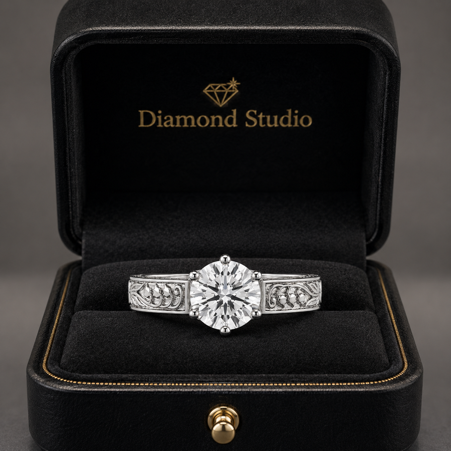2.00 CT Vintage Round Solitaire Lab-Grown Diamond Engagement Ring in 14K White Gold – Tulip Prong Hand-Engraved Filigree Design