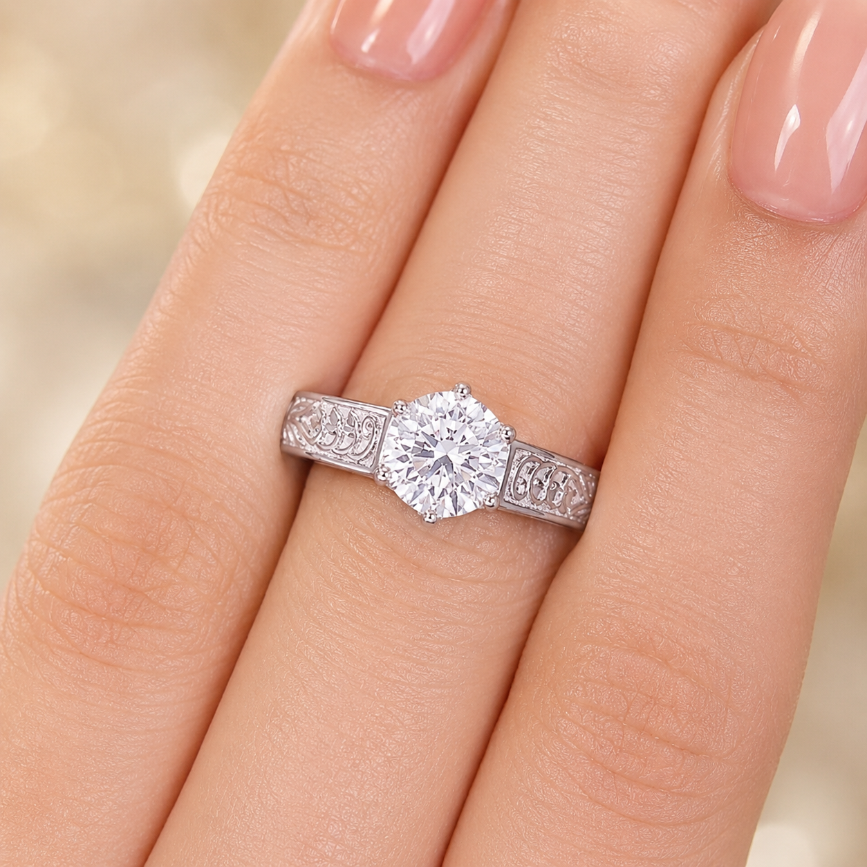 2.00 CT Vintage Round Solitaire Lab-Grown Diamond Engagement Ring in 14K White Gold – Tulip Prong Hand-Engraved Filigree Design