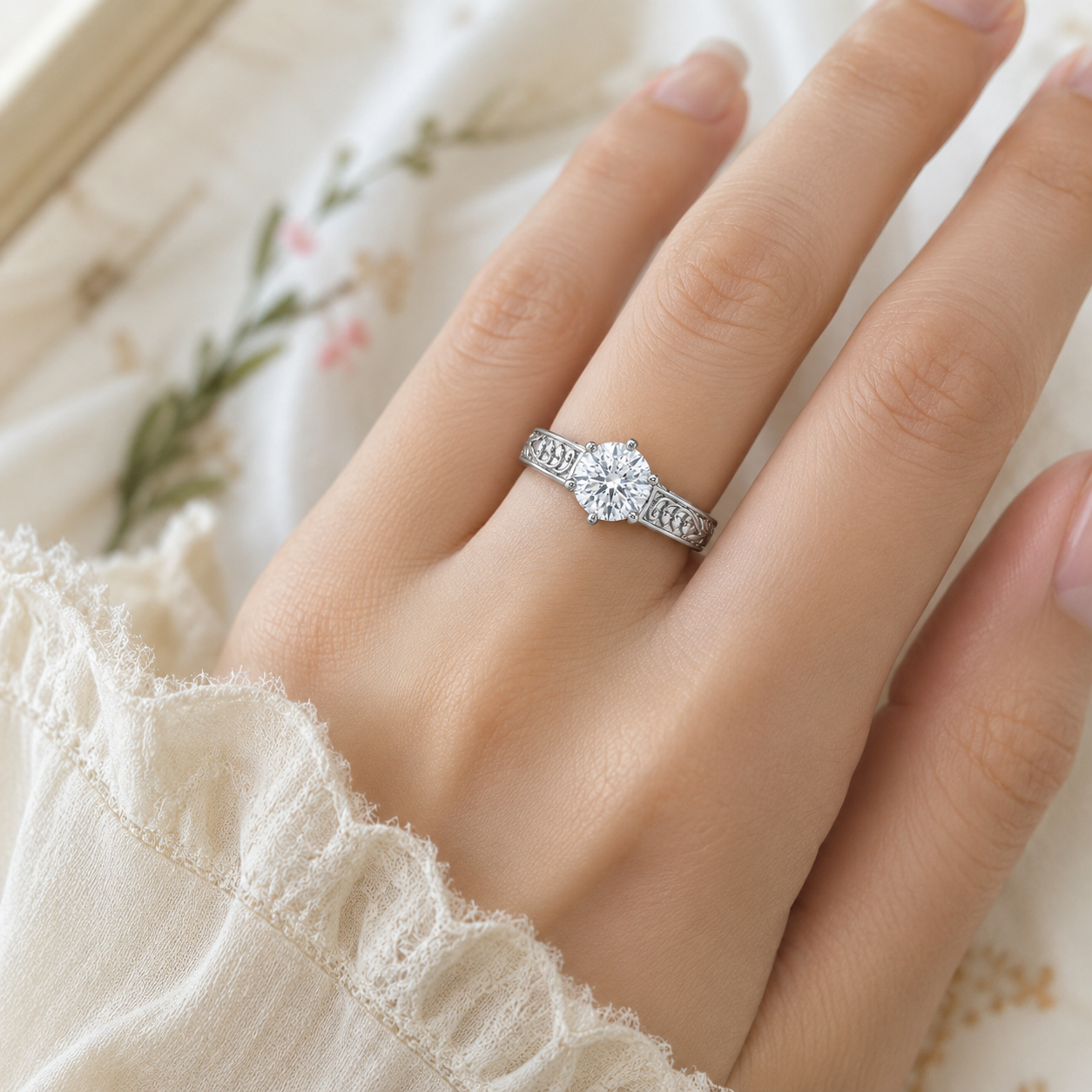 2.00 CT Vintage Round Solitaire Lab-Grown Diamond Engagement Ring in 14K White Gold – Tulip Prong Hand-Engraved Filigree Design