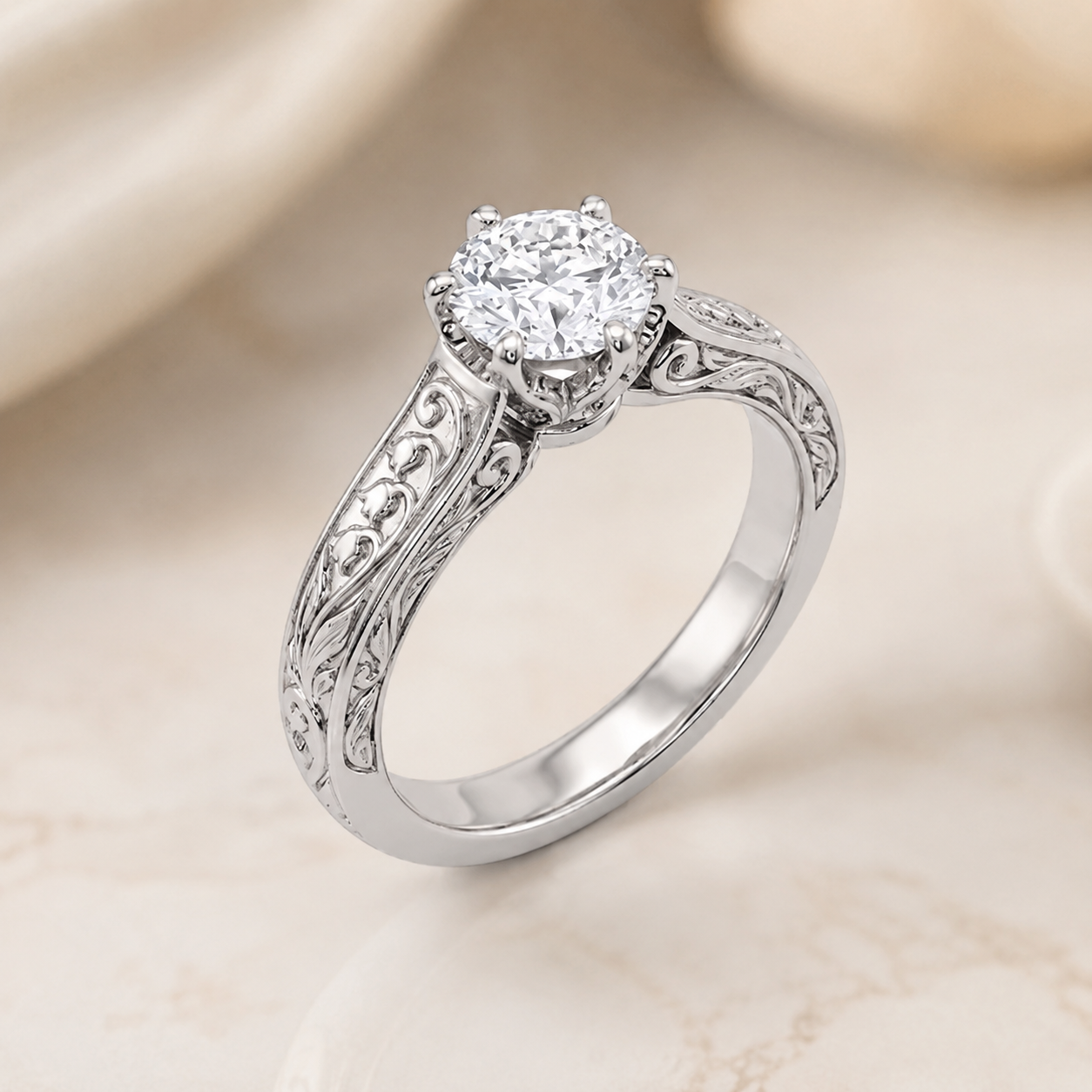 2.00 CT Vintage Round Solitaire Lab-Grown Diamond Engagement Ring in 14K White Gold – Tulip Prong Hand-Engraved Filigree Design