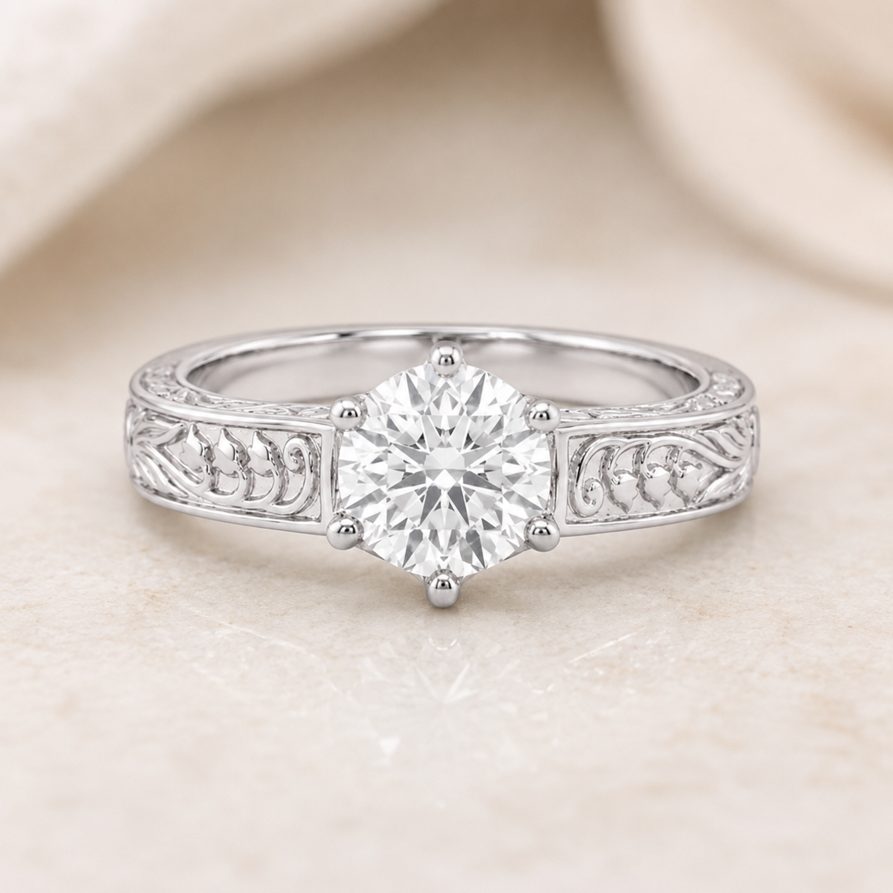 2.00 CT Vintage Round Solitaire Lab-Grown Diamond Engagement Ring in 14K White Gold – Tulip Prong Hand-Engraved Filigree Design