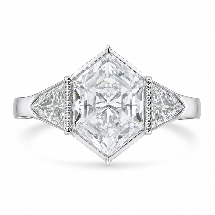 2.80 CT Elongated Hexagon Cut Lab-Grown Diamond Engagement Ring in 14K White Gold â€“ Vintage Milgrain Hand-Engraved Art Deco Design from Diamond Studio