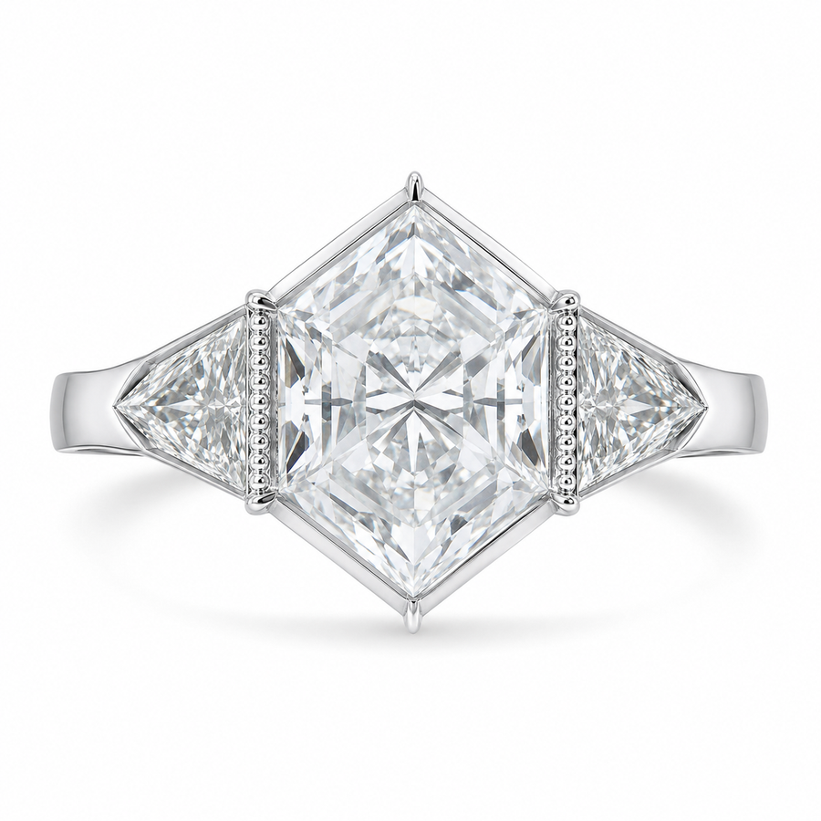 2.80 CT Elongated Hexagon Cut Lab-Grown Diamond Engagement Ring in 14K White Gold – Vintage Milgrain Hand-Engraved Art Deco Design
