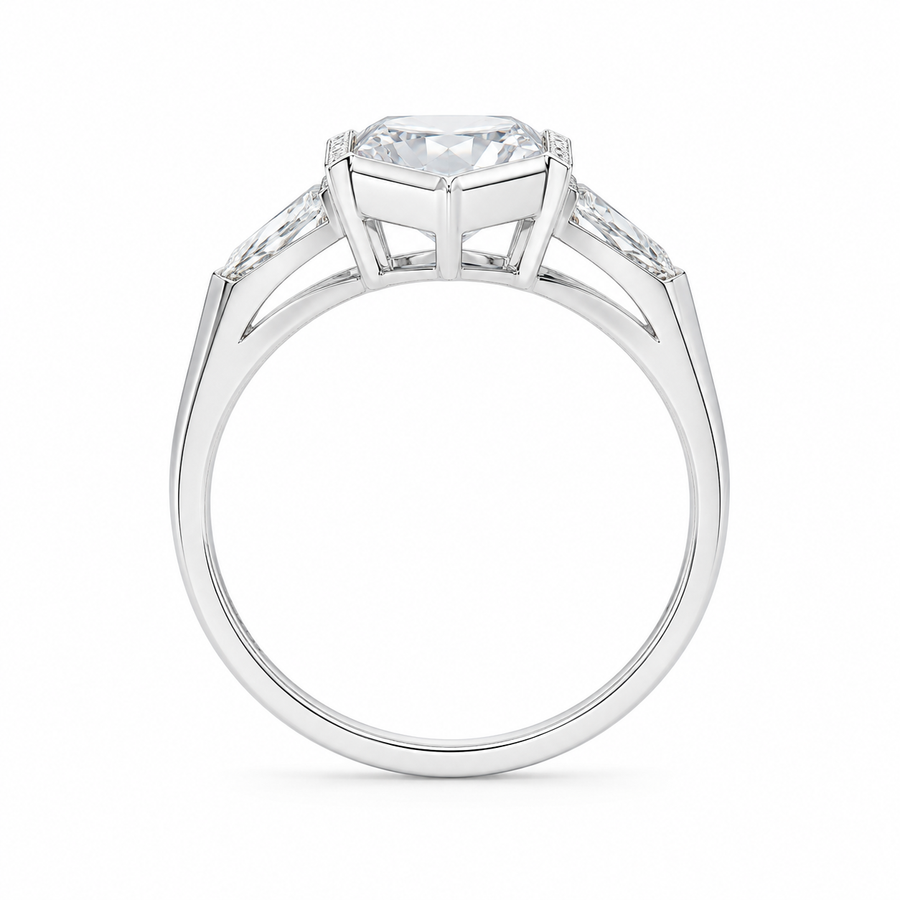 2.80 CT Elongated Hexagon Cut Lab-Grown Diamond Engagement Ring in 14K White Gold – Vintage Milgrain Hand-Engraved Art Deco Design