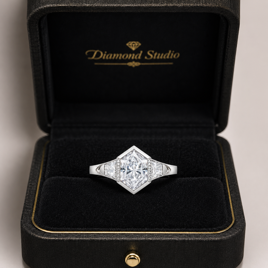 2.80 CT Elongated Hexagon Cut Lab-Grown Diamond Engagement Ring in 14K White Gold – Vintage Milgrain Hand-Engraved Art Deco Design