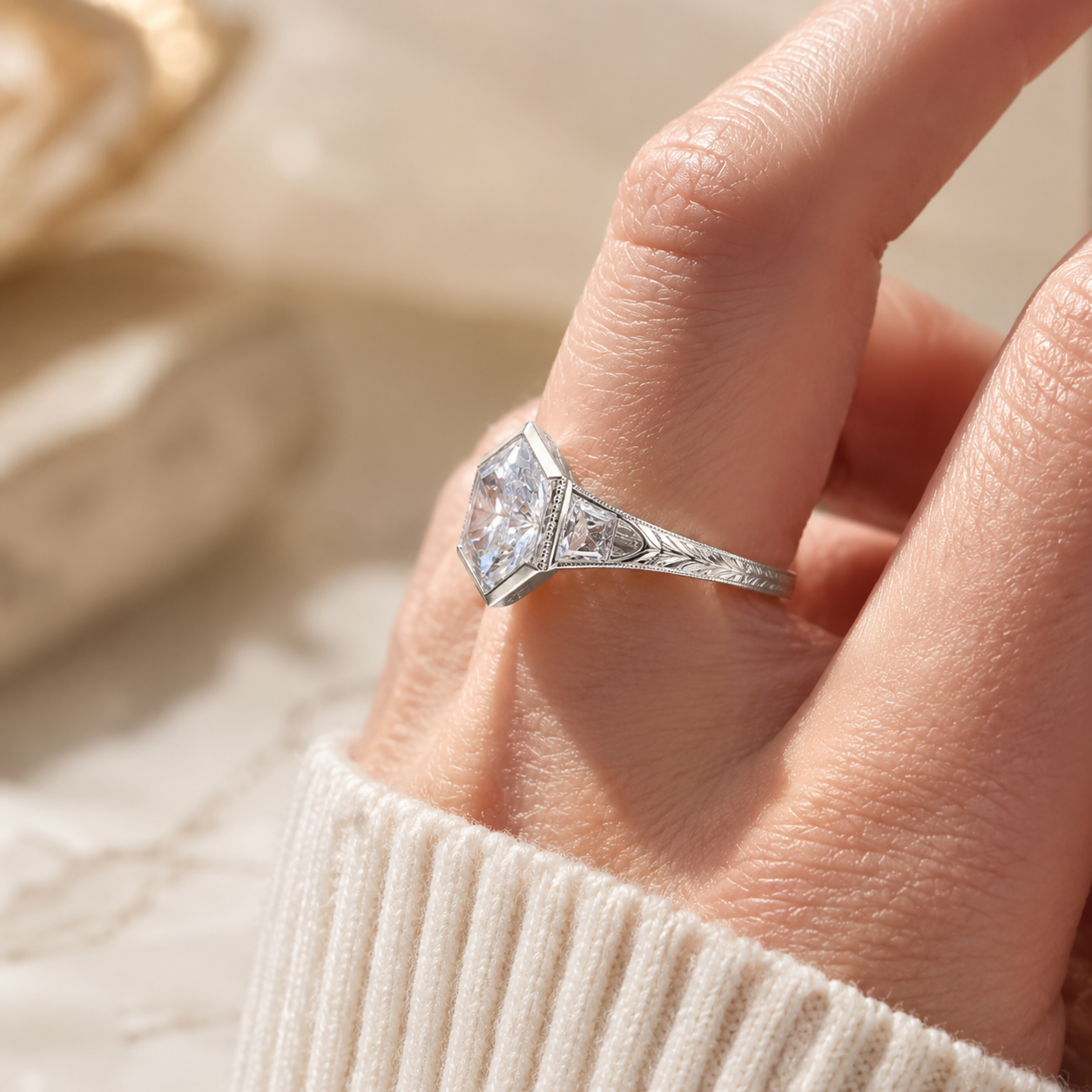 2.80 CT Elongated Hexagon Cut Lab-Grown Diamond Engagement Ring in 14K White Gold – Vintage Milgrain Hand-Engraved Art Deco Design