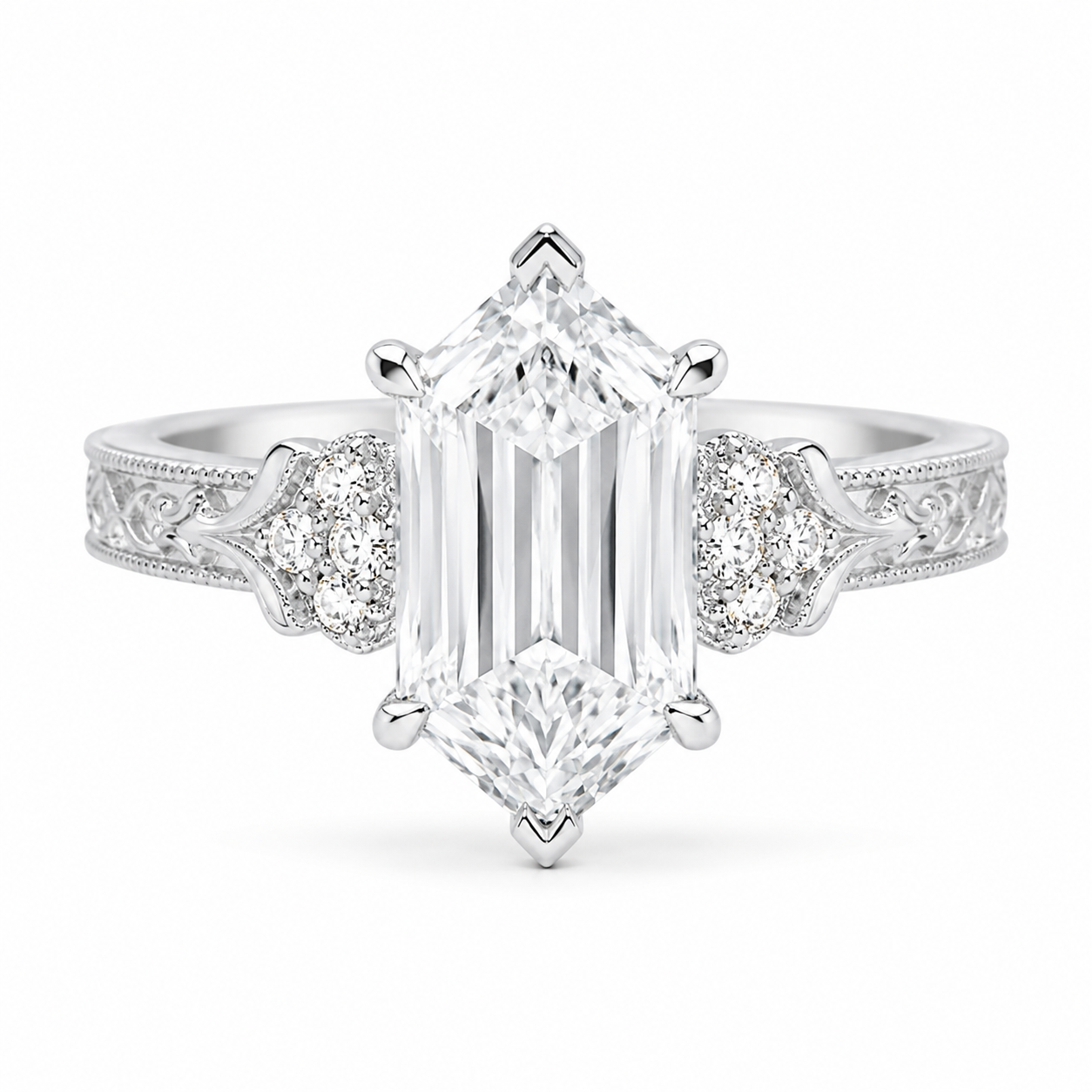 3.00 CT Criss Cut Dutch Marquise Lab-Grown Diamond Engagement Ring in 14K White Gold – Vintage Engraved Design