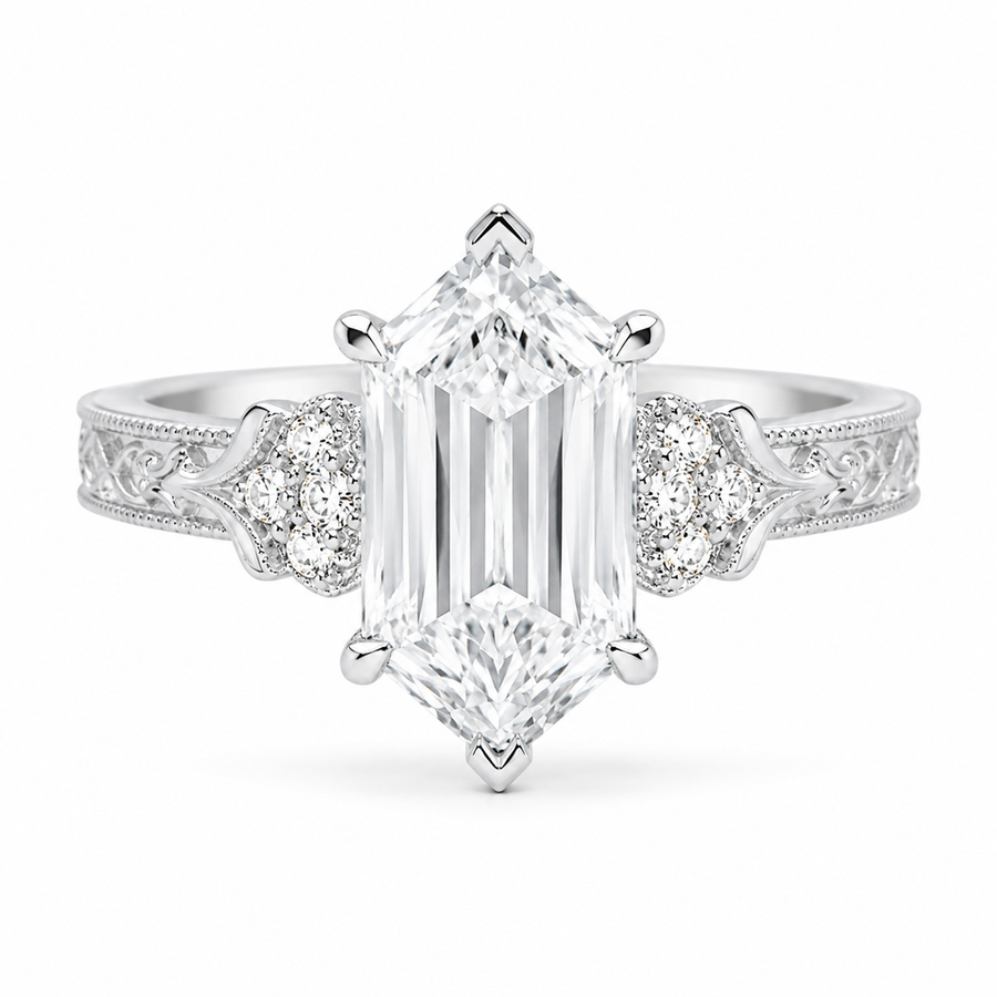 3.00 CT Criss Cut Dutch Marquise Lab-Grown Diamond Engagement Ring in 14K White Gold – Vintage Engraved Design