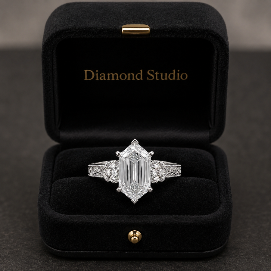 3.00 CT Criss Cut Dutch Marquise Lab-Grown Diamond Engagement Ring in 14K White Gold – Vintage Engraved Design