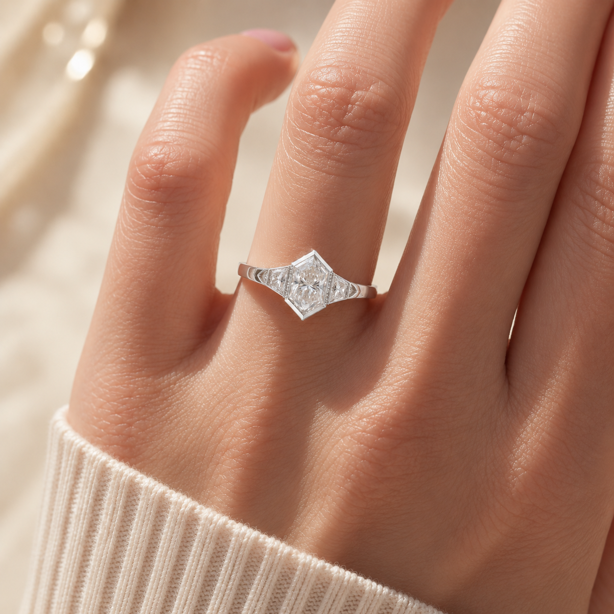 2.80 CT Elongated Hexagon Cut Lab-Grown Diamond Engagement Ring in 14K White Gold – Vintage Milgrain Hand-Engraved Art Deco Design