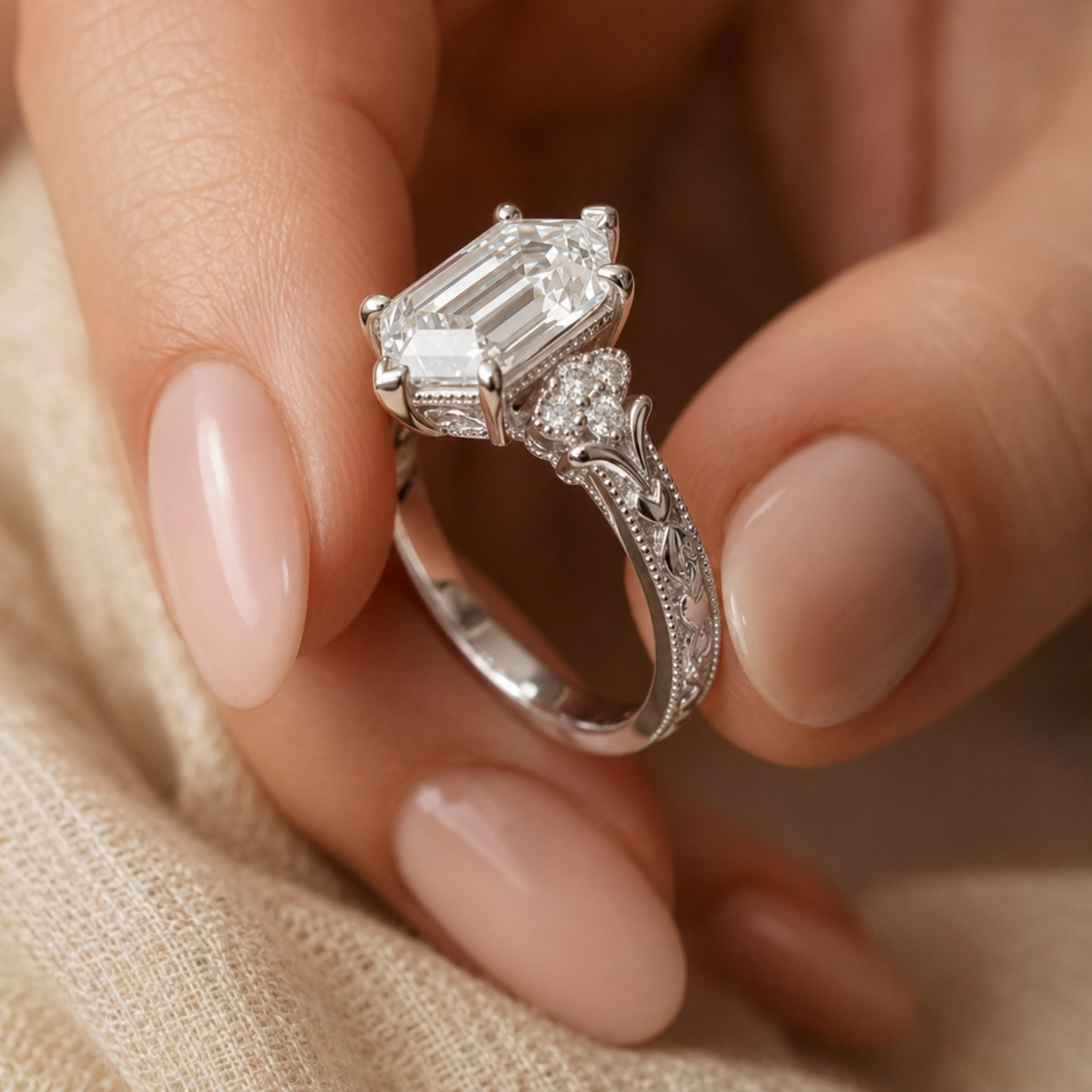 3.00 CT Criss Cut Dutch Marquise Lab-Grown Diamond Engagement Ring in 14K White Gold – Vintage Engraved Design
