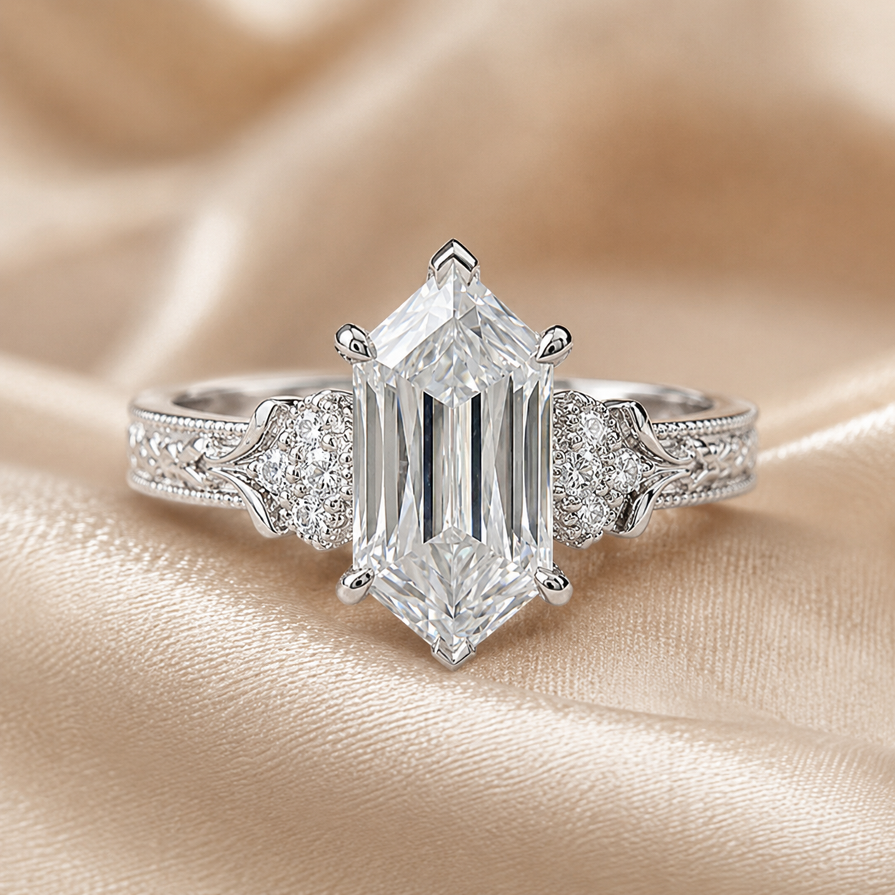 3.00 CT Criss Cut Dutch Marquise Lab-Grown Diamond Engagement Ring in 14K White Gold – Vintage Engraved Design
