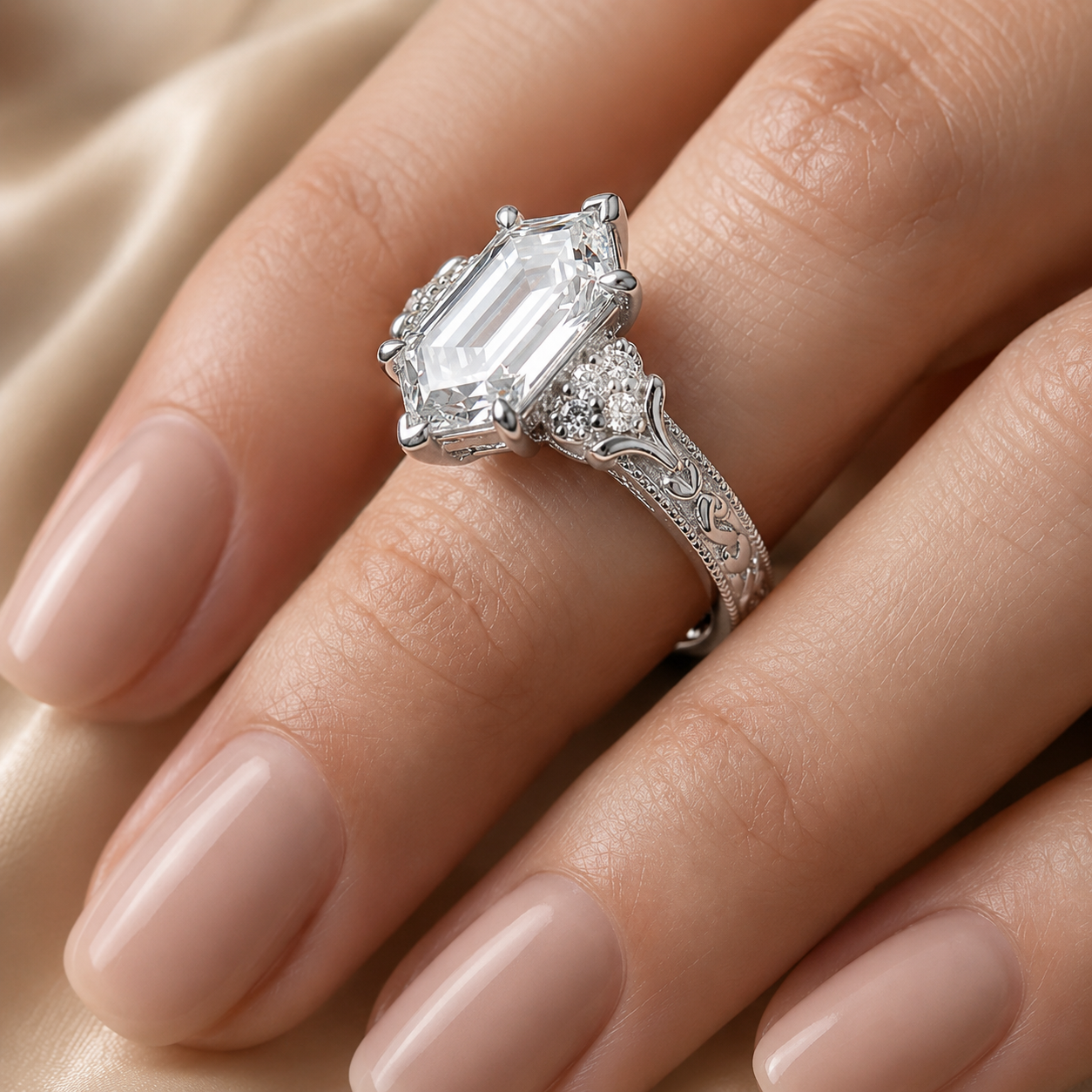 3.00 CT Criss Cut Dutch Marquise Lab-Grown Diamond Engagement Ring in 14K White Gold – Vintage Engraved Design