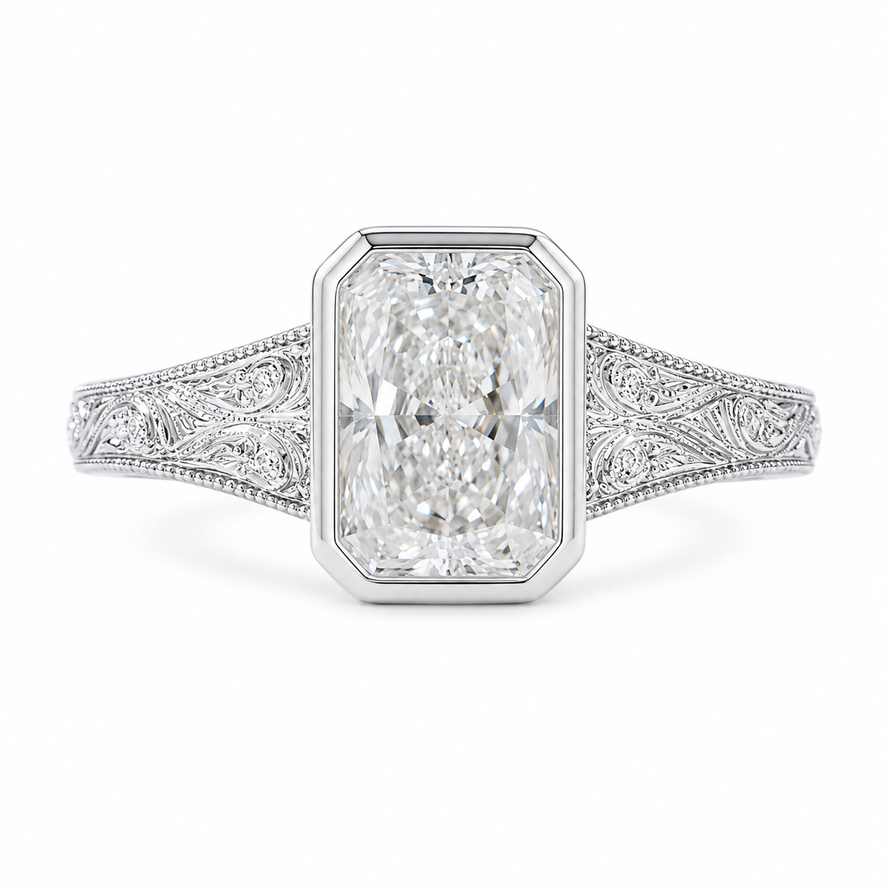 2.50 CT Vintage Radiant Cut Lab-Grown Diamond Engagement Ring in 14K White Gold – Bezel Set Floral Engraved Design