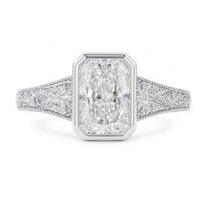 2.50 CT Vintage Radiant Cut Lab-Grown Diamond Engagement Ring in 14K White Gold – Bezel Set Floral Engraved Design