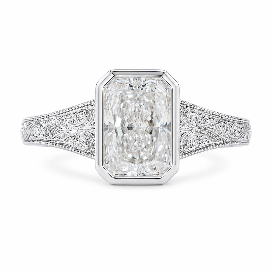 2.50 CT Vintage Radiant Cut Lab-Grown Diamond Engagement Ring in 14K White Gold – Bezel Set Floral Engraved Design