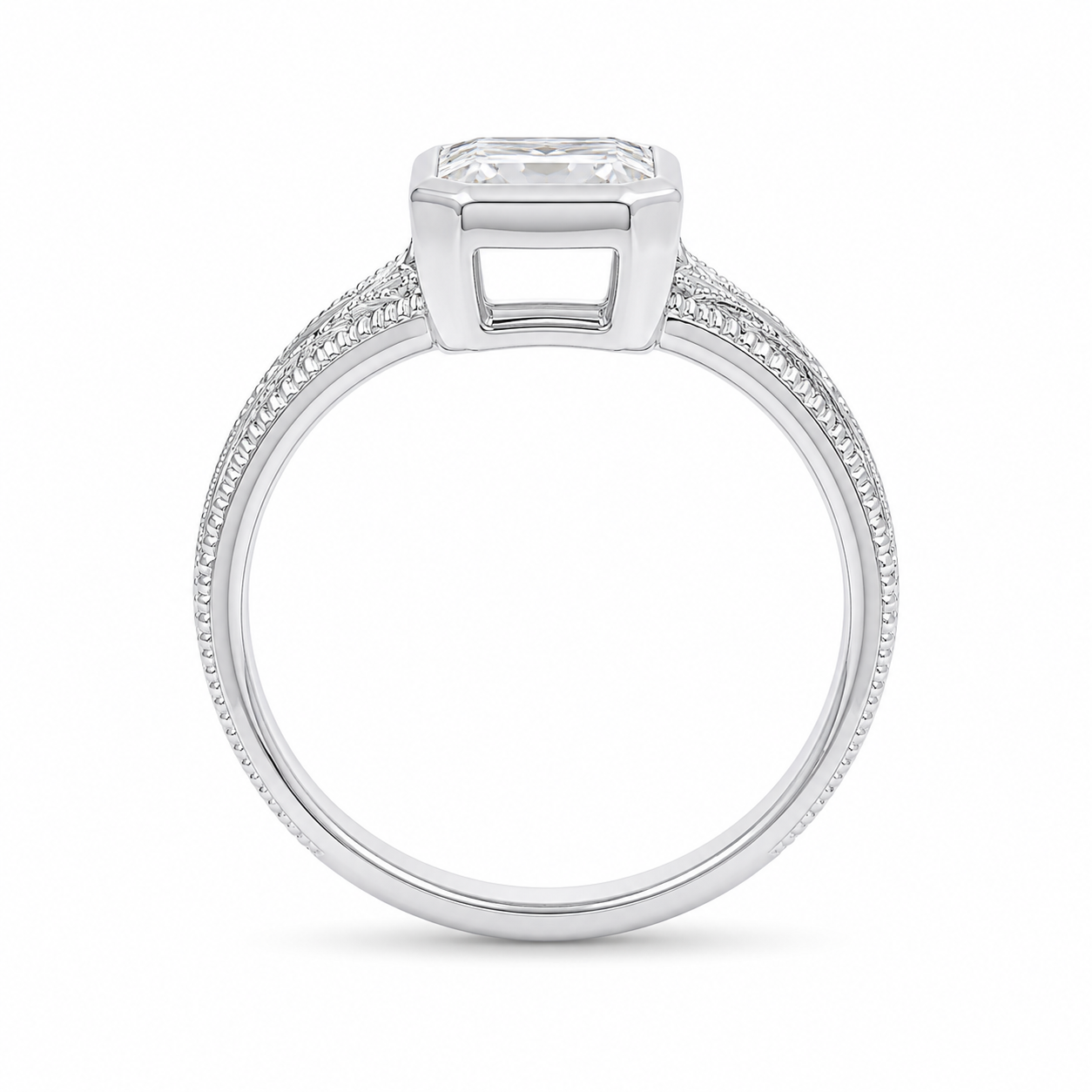 2.50 CT Vintage Radiant Cut Lab-Grown Diamond Engagement Ring in 14K White Gold – Bezel Set Floral Engraved Design