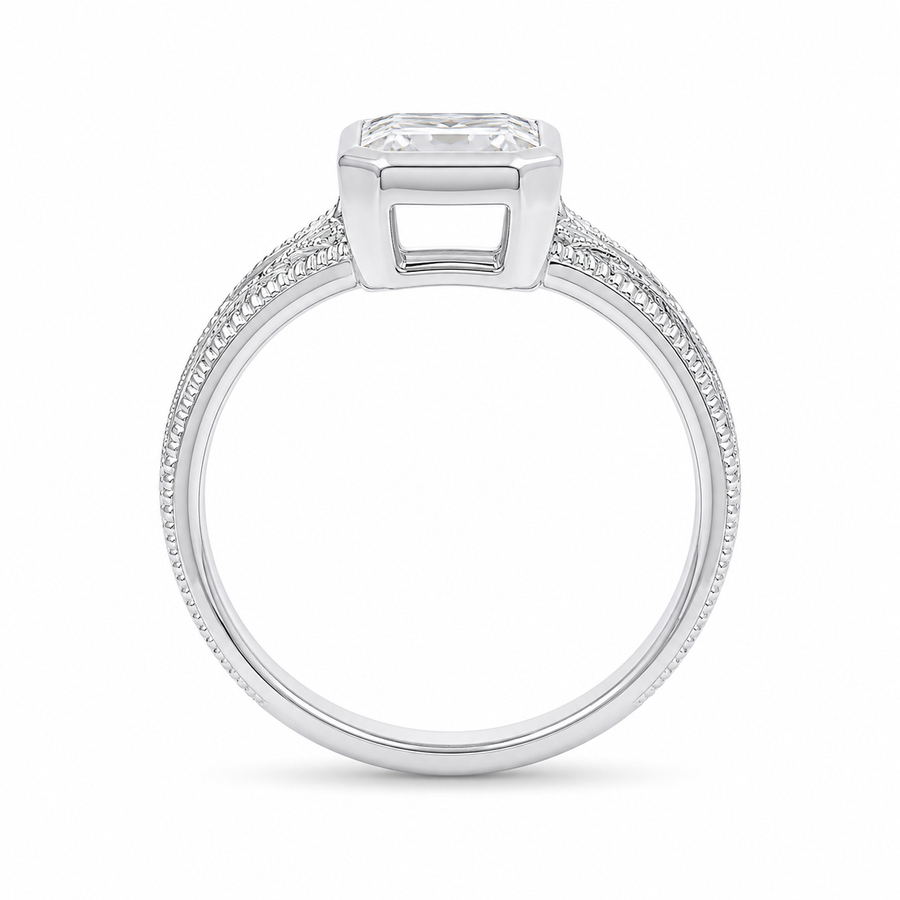 2.50 CT Vintage Radiant Cut Lab-Grown Diamond Engagement Ring in 14K White Gold – Bezel Set Floral Engraved Design