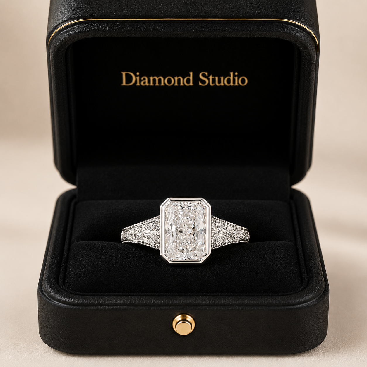 2.50 CT Vintage Radiant Cut Lab-Grown Diamond Engagement Ring in 14K White Gold – Bezel Set Floral Engraved Design