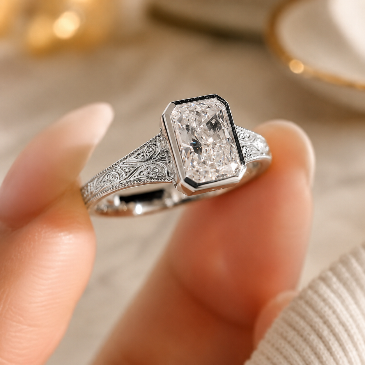 2.50 CT Vintage Radiant Cut Lab-Grown Diamond Engagement Ring in 14K White Gold – Bezel Set Floral Engraved Design