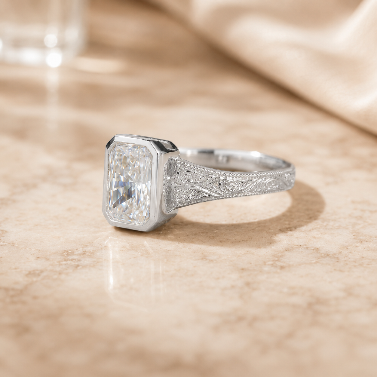 2.50 CT Vintage Radiant Cut Lab-Grown Diamond Engagement Ring in 14K White Gold – Bezel Set Floral Engraved Design
