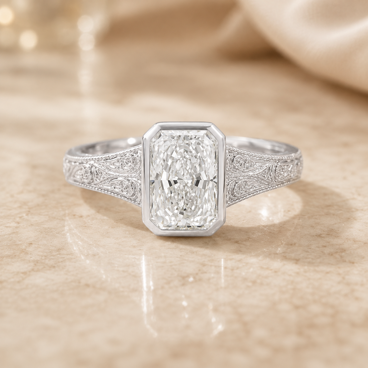 2.50 CT Vintage Radiant Cut Lab-Grown Diamond Engagement Ring in 14K White Gold – Bezel Set Floral Engraved Design