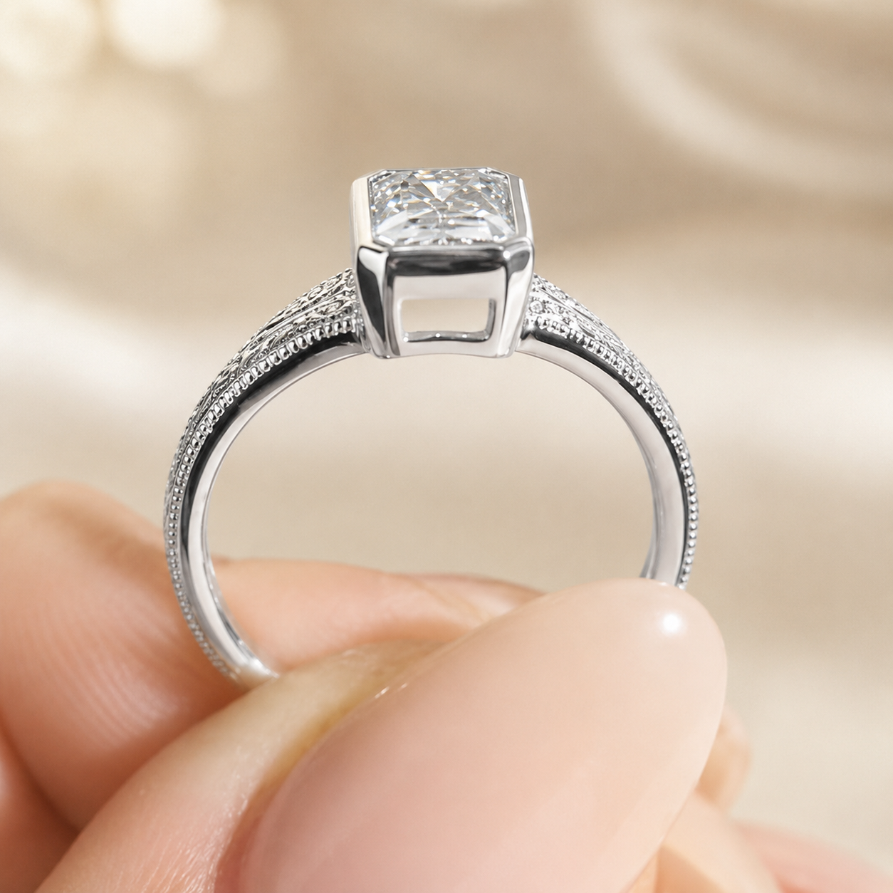 2.50 CT Vintage Radiant Cut Lab-Grown Diamond Engagement Ring in 14K White Gold – Bezel Set Floral Engraved Design