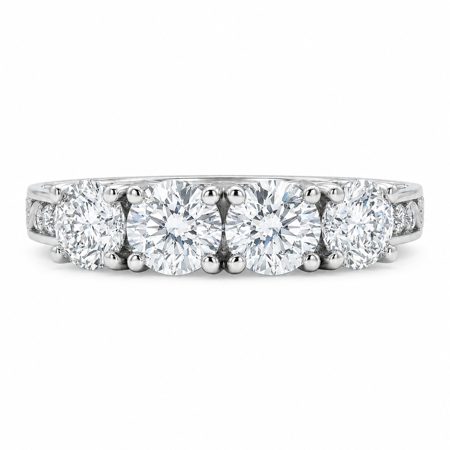 1.00 CT Vintage Four Stone Lab-Grown Diamond Wedding Band in 14K White Gold – Engraved Stacking Anniversary Ring