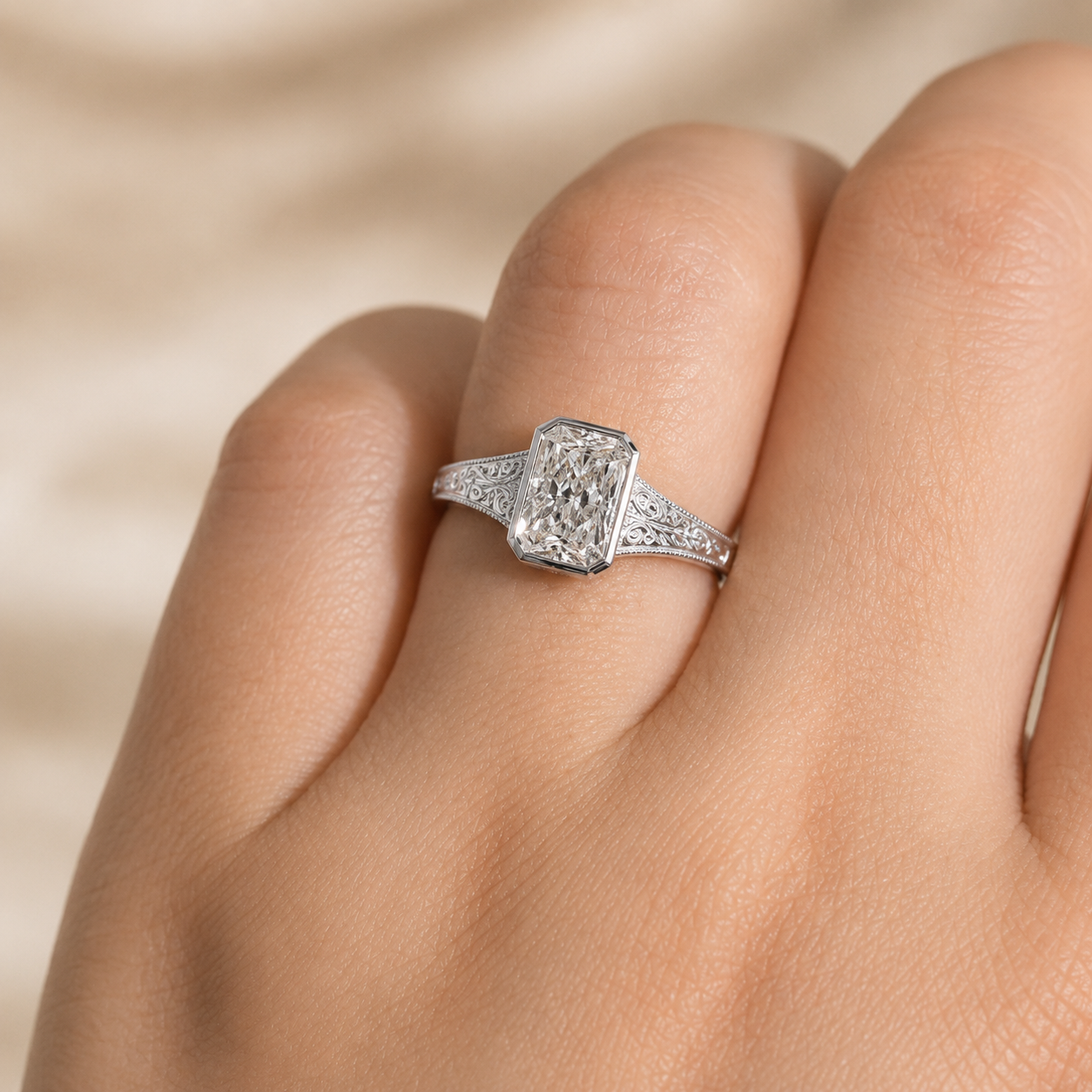 2.50 CT Vintage Radiant Cut Lab-Grown Diamond Engagement Ring in 14K White Gold – Bezel Set Floral Engraved Design