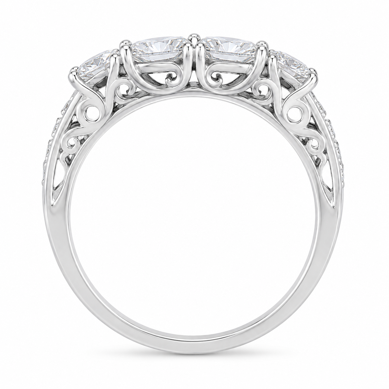 1.00 CT Vintage Four Stone Lab-Grown Diamond Wedding Band in 14K White Gold – Engraved Stacking Anniversary Ring