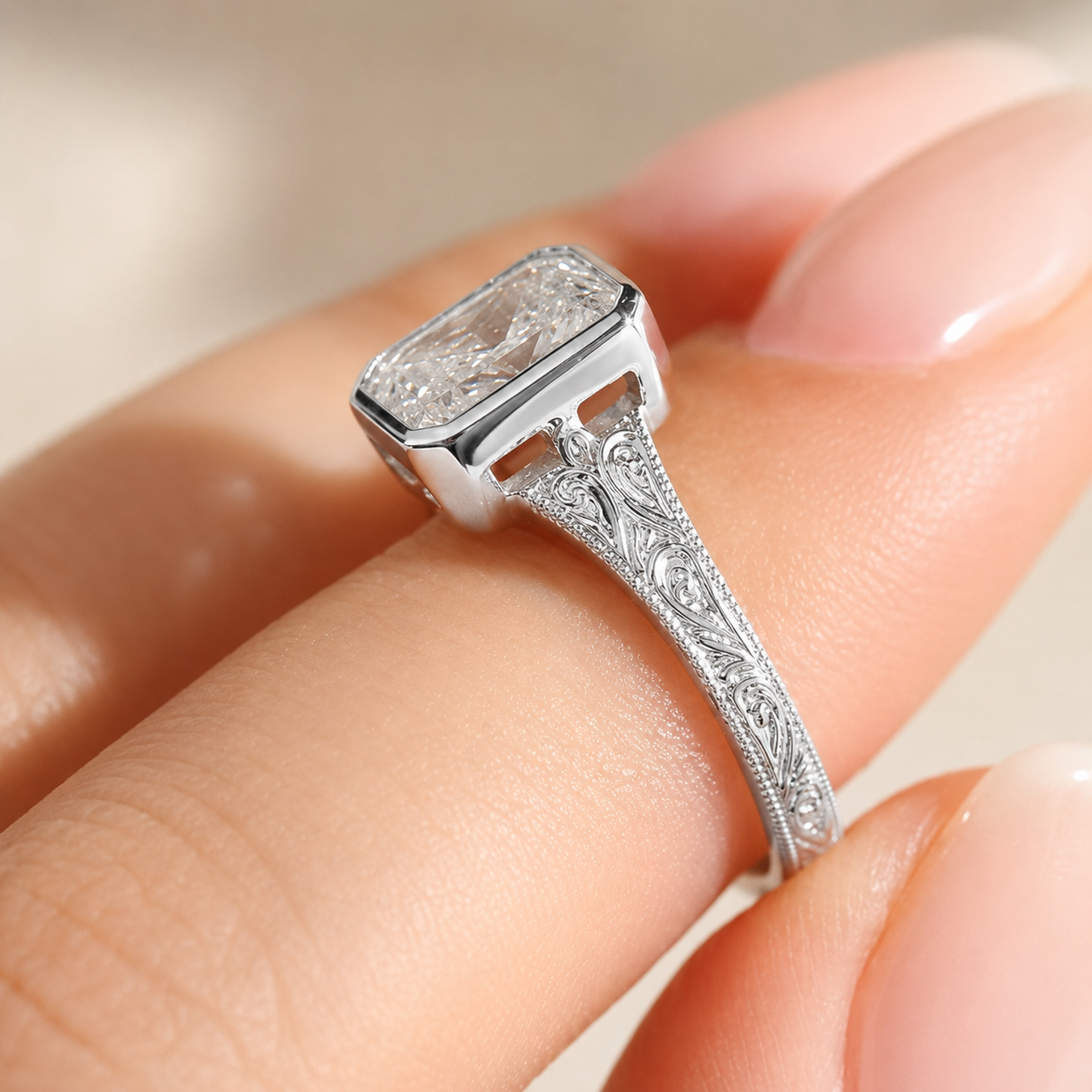 2.50 CT Vintage Radiant Cut Lab-Grown Diamond Engagement Ring in 14K White Gold – Bezel Set Floral Engraved Design