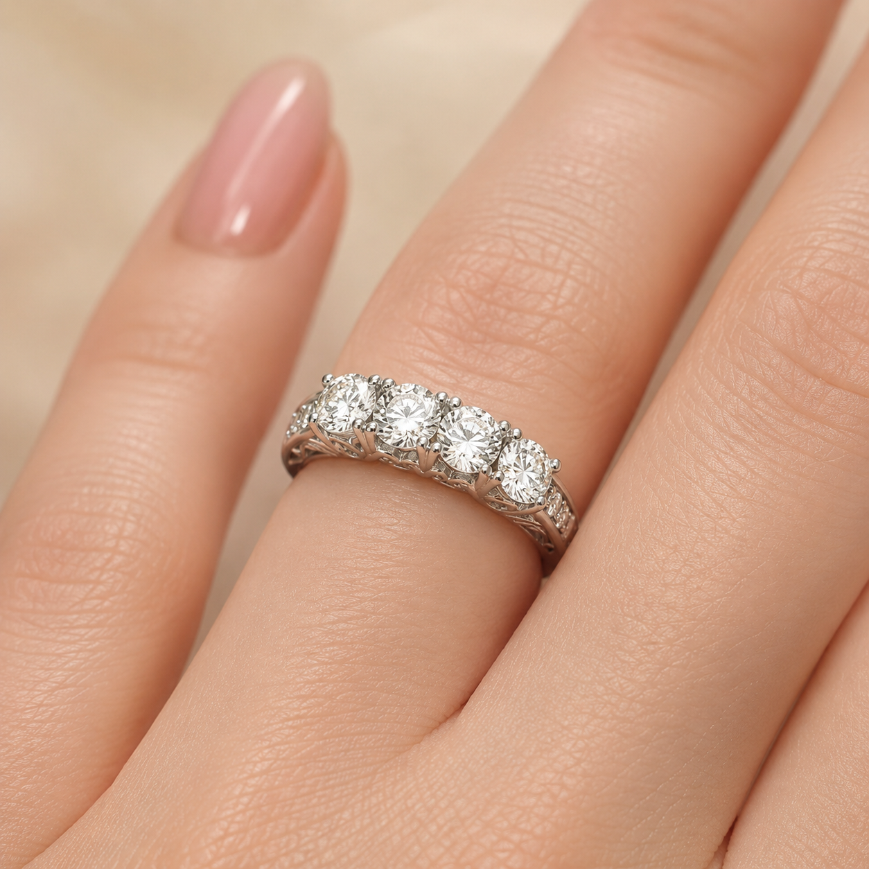 1.00 CT Vintage Four Stone Lab-Grown Diamond Wedding Band in 14K White Gold – Engraved Stacking Anniversary Ring