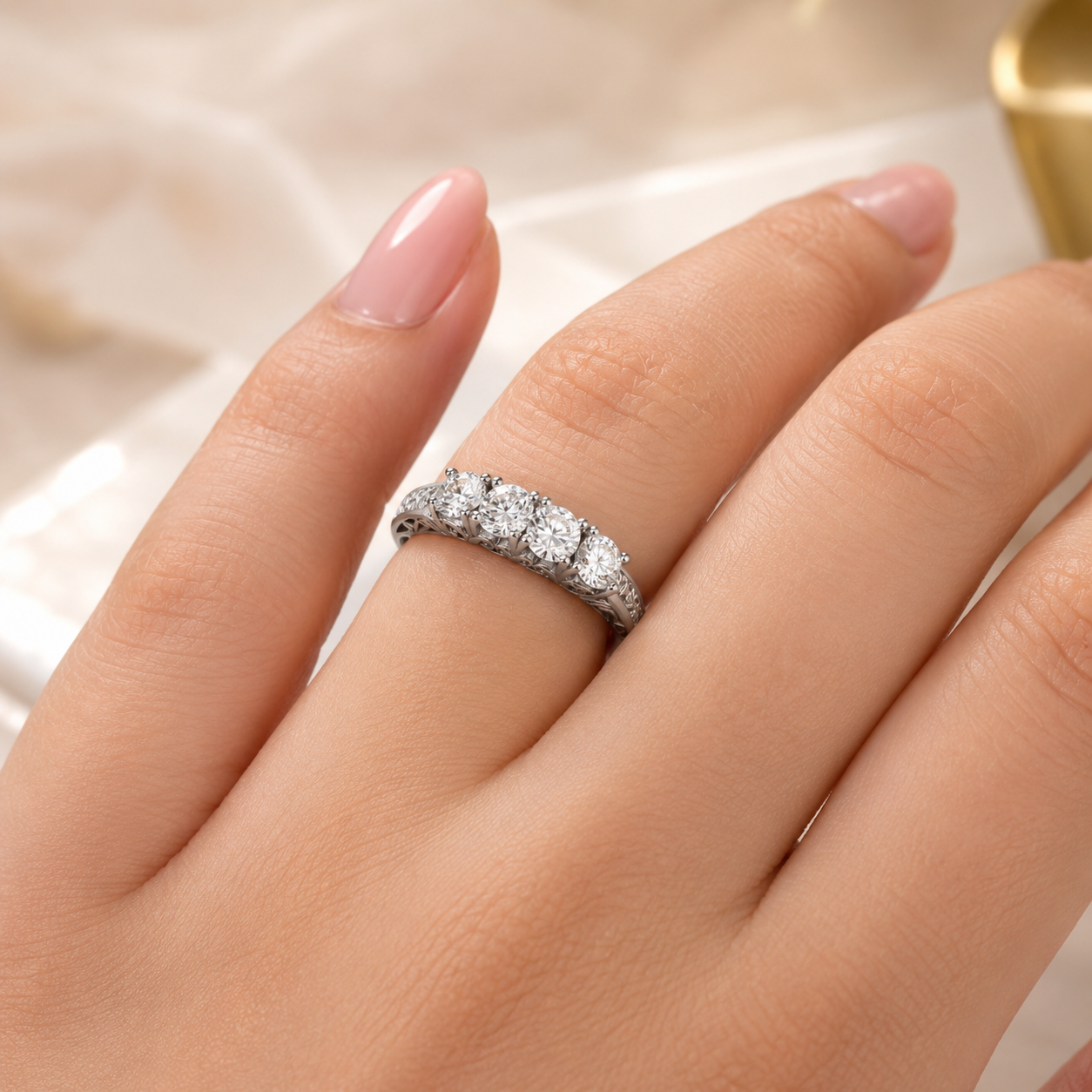 1.00 CT Vintage Four Stone Lab-Grown Diamond Wedding Band in 14K White Gold – Engraved Stacking Anniversary Ring