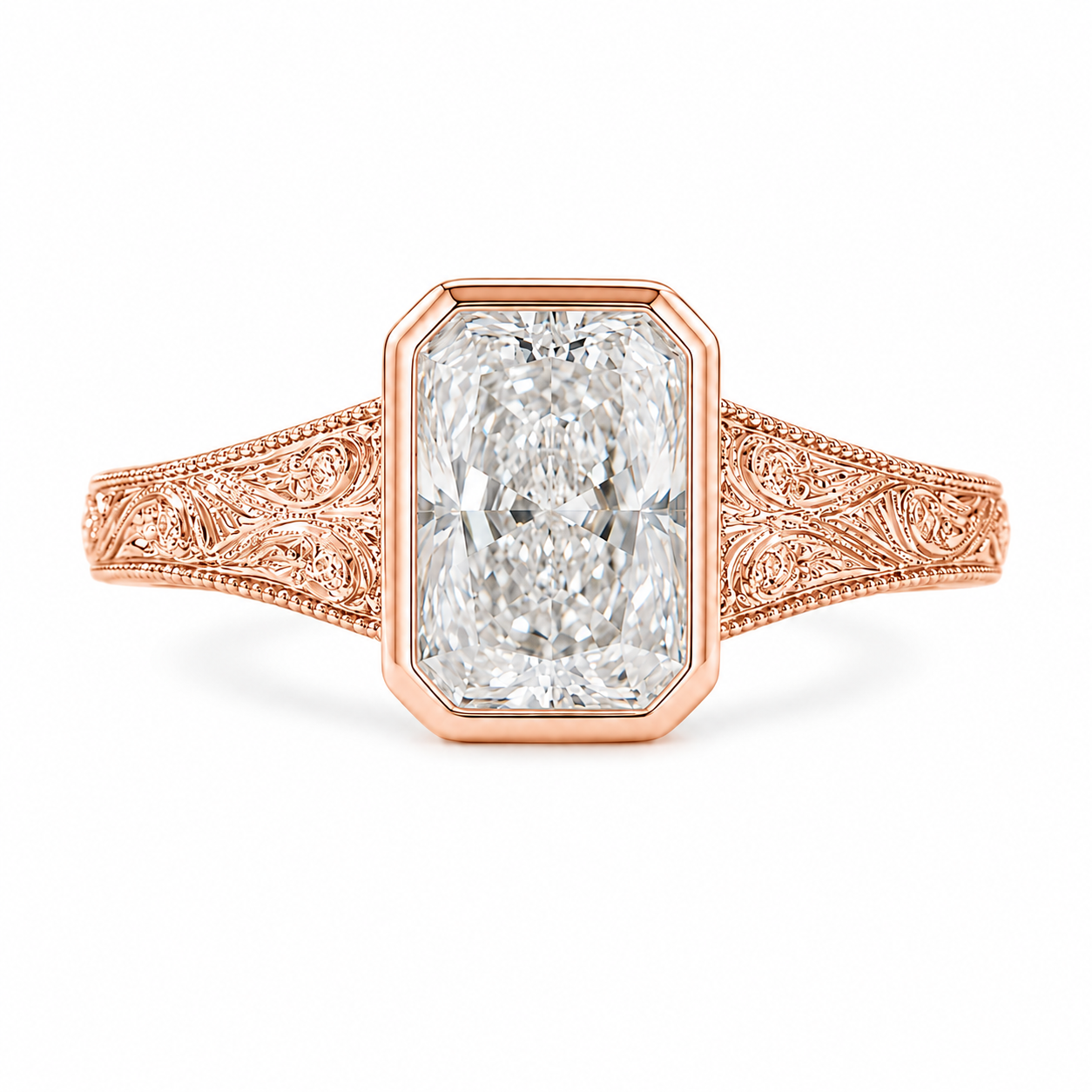 2.50 CT Vintage Radiant Cut Lab-Grown Diamond Engagement Ring in 14K White Gold – Bezel Set Floral Engraved Design