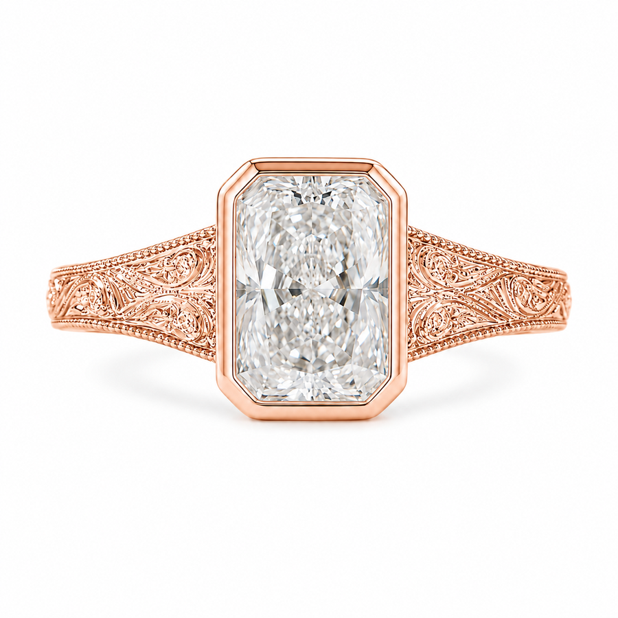 2.50 CT Vintage Radiant Cut Lab-Grown Diamond Engagement Ring in 14K White Gold – Bezel Set Floral Engraved Design