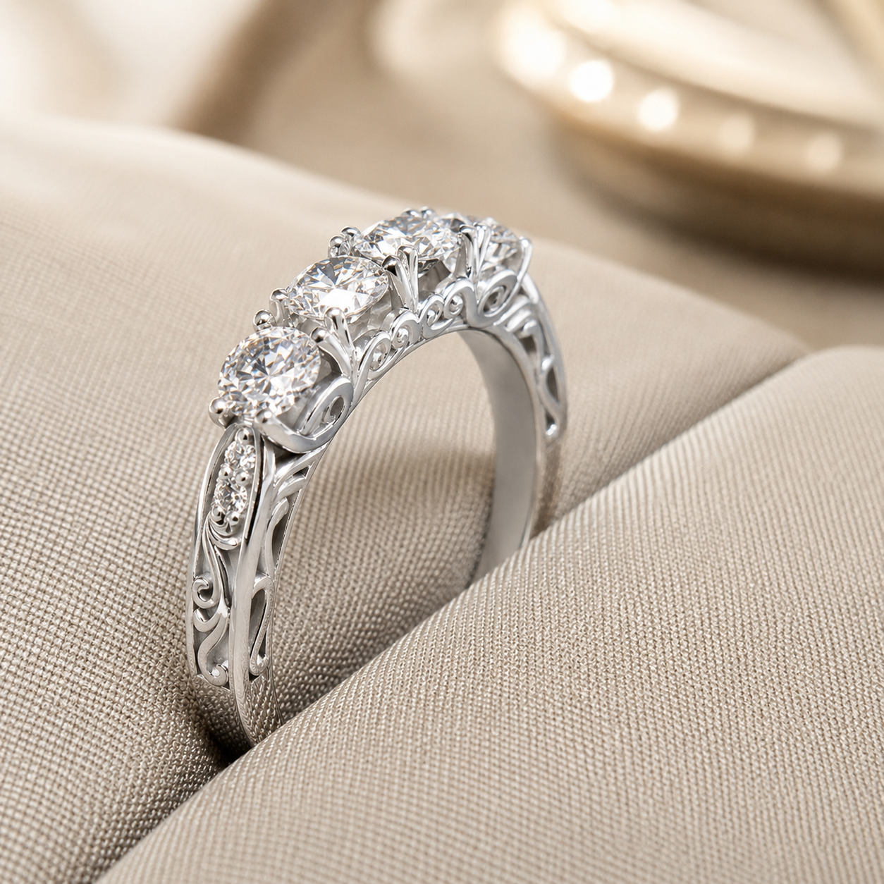 1.00 CT Vintage Four Stone Lab-Grown Diamond Wedding Band in 14K White Gold – Engraved Stacking Anniversary Ring