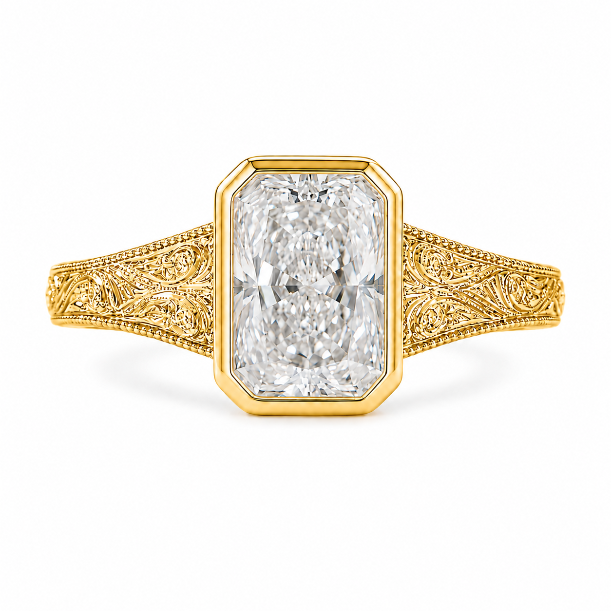2.50 CT Vintage Radiant Cut Lab-Grown Diamond Engagement Ring in 14K White Gold – Bezel Set Floral Engraved Design